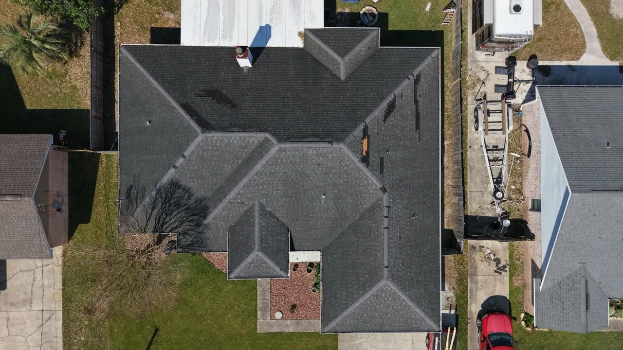 Overhead roofing documentation by EAZ Drones showing shingle surfaces and roof layout